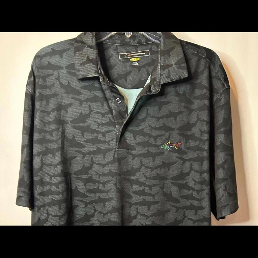 Greg Norman Polo Shirt Mens‎ XL Black Sharks Performance Golf Wicking UPF Logo